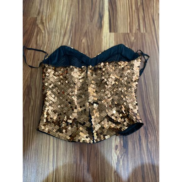 1990s OLEG CASSINI Gold/Bronze fully sequins strapless silk bustier top (L) - Picture 8 of 11